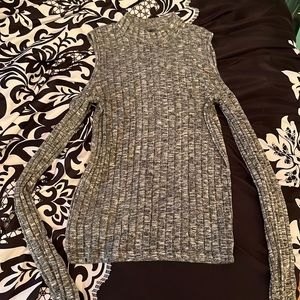 American eagle small tight fitting gray long sleeve with open shoulder cut outs
